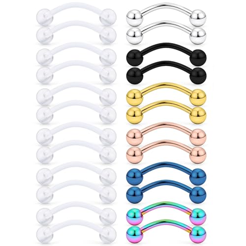 SCERRING 14G Clear Acrylic Bioflex & Stainless Steel Curved Barbell Nipplerings Snake Eyes Tongue Ring Piercing Retainer 16-24PCS - style: 24PCS - 16mm Clear&Mix Color