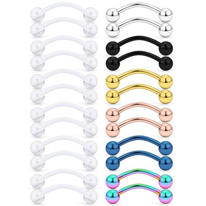 SCERRING 14G Clear Acrylic Bioflex & Stainless Steel Curved Barbell Nipplerings Snake Eyes Tongue Ring Piercing Retainer 16-24PCS - style: 24PCS - 16mm Clear&Mix Color