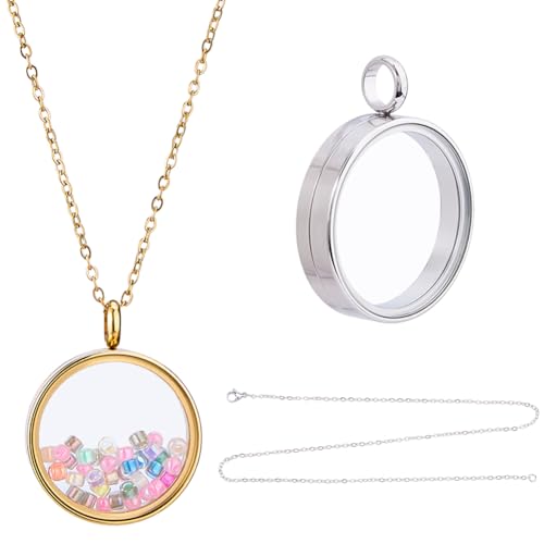 DICOSMETIC 2Pcs 2 Colors Round Locket Pendant Stainless Steel Memory Locket Charms 10/15/20mm Clear Picture Frame Charm Golden Silver Floating Charm Glass Living Bouquet Charms for Women Men Necklace - size: 31x24x6mm