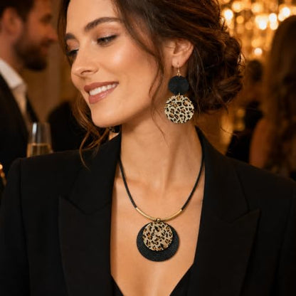 Statement Necklace and Earrings Set – 2PCS Gold Silver Chunky Geometric Pendant Jewelry with Snake Chain, Asymmetrical Ellipse Y-Necklace Metallic Fashion Jewelry for Women - color: D:Leopard Pattern