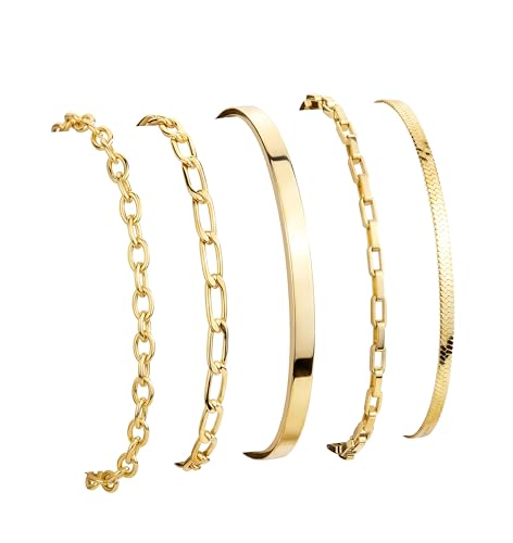 Dainty Gold Bracelet for Women Trendy Non Tarnish, Thin Bracelets Stackable Set with Bangle Cuff, Box, Herringbone, Paperclip, Figaro, Sparkling Link Chains Waterproof, Simple Jewelry Gifts for Women - color: style 04-gold