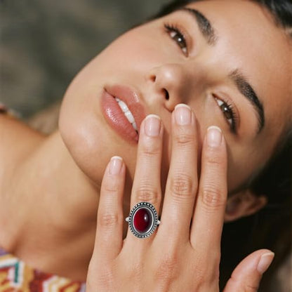 Retro Sterling Silver Stone Ring,Antique Natural Real Oval Crystal Quartz Gemstone Boho Bohemian Ring Jewelry for Women - color: A18_Garnet