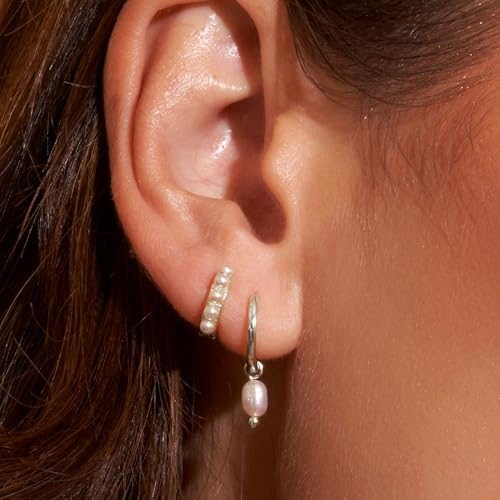 Gold Plated Earrings for Women, 14k Gold Plated Earring Stack Hypoallergenic Pearl Drop Earring Dainty Earrings for Women Trendy Cute Small Huggie Hoop Earring Fashion Womens Jewelry - color: SET17
