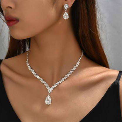 Wedding Jewelry Sets for Brides Rhinestone Necklace and Earring Set Bracelet Ring Gold Silver Prom Jewelry Sets Diamond Flower Teardrop Necklace for Women - color: Style4-Teardrop-2pcs