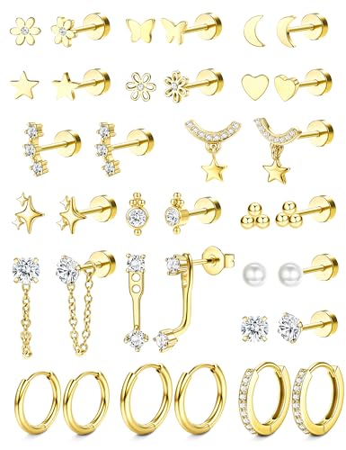 Hypoallergenic Flat Back Earrings Cartilage Earring Stacks for Sensitive Ears - Toe Rings for Women 14K Gold Filled Simple Hug CZ Triple Open Band Rings