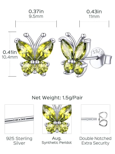 ChicSilver 925 Sterling Silver Bow/Butterfly Earrings for Women Hypoallergenic Birthstone Earrings Dainty Bow/Butterfly Jewelry Gift for Women - color: Butterfly-August-Peridot