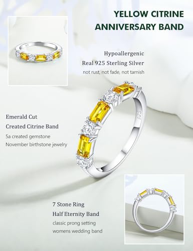3.5mm Half Eternity Band Sterling Silver Rings for Women Sapphire/Ruby/Emerald and Cz Wedding Bands 7 Stone Stackable Birthstone Ring Anniversary Jewelry Size 6-10 - color: 11-Citrine-Nov.