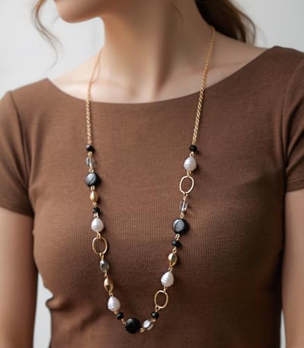 Long Gold Necklaces for Women Trendy Beaded Chain Necklace Chunky Costume Jewelry Gifts for Her - color: Black Agate