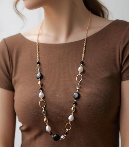 Long Gold Necklaces for Women Trendy Beaded Chain Necklace Chunky Costume Jewelry Gifts for Her - color: Black Agate