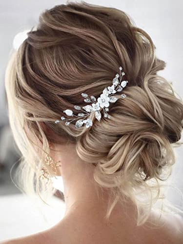 Bride Silver Wedding Hair Comb Flower Bridal Side Comb Sparkly Crystal Hair Piece Leaf Hair Accessorie for Women