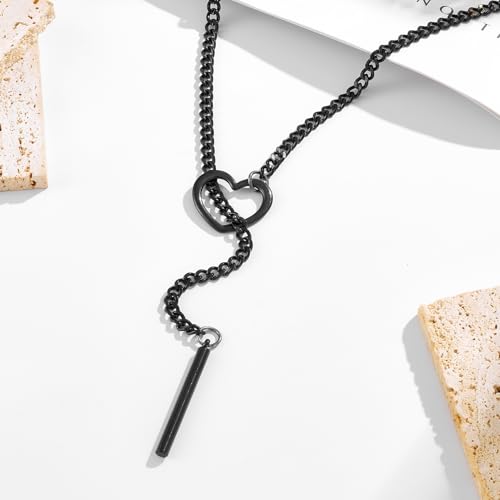 MIFYNN Heart O ring Slip Chain Necklaces for Women Stainless Steel Cuban Chain Bar Necklace Punk Rock Collar Necklace Handmade Adjustable Lariat Y Necklaces for Men - color: Black heart bar