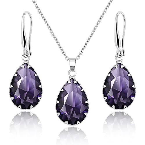 Linawe Crystal Jewelry Sets for Women, Imitation Diamond Pendant Necklace, Rhinestone Drop Dangle Earrings, Birthstone Cubic Zirconia Matching Wedding Jewelry, 14K Gold/Rose Gold/Silver Tones - color: Silver,Amethyst,Feb