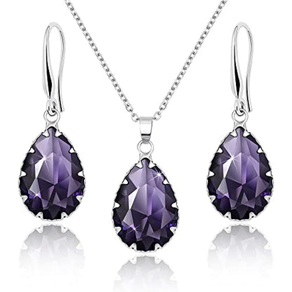 Linawe Crystal Jewelry Sets for Women, Imitation Diamond Pendant Necklace, Rhinestone Drop Dangle Earrings, Birthstone Cubic Zirconia Matching Wedding Jewelry, 14K Gold/Rose Gold/Silver Tones - color: Silver,Amethyst,Feb