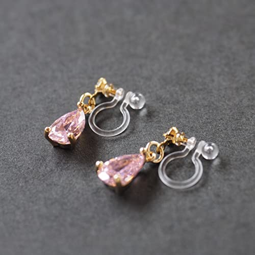 Drop Cubic Zirconia Invisible Clip On Earrings for Women Not Pierced Gold Teardrop Sqaure CZ Crystal Dangle Gold Silver Comfortable Clip On Earrings Bridal Wedding Prom - color: Teardrop 4 Pink