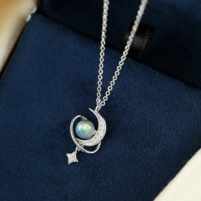 925 Sterling Silver Crescent Necklace Moon Star Pendant for Women | 14K Gold Plated Crystal Moon Necklace Dainty CZ Birthstone Ramadan Moonstone Necklace Birthday Jewelry for Mom Wife Daughter - color: Silver