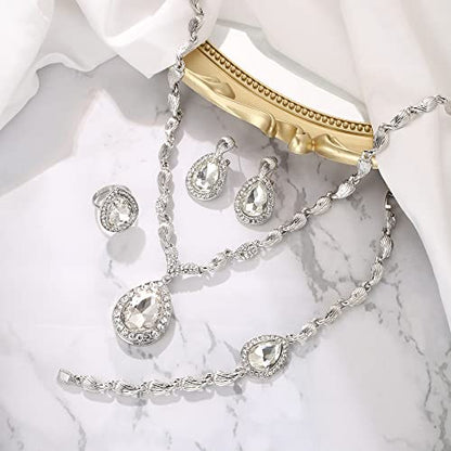 Womens Africa 18k Gold Plated Jewelry Set Crystal Rhinestones Petals Teardrop Cluster Bib Statement Necklace Link Bracelet Dangle Earrings Ring for Prom - color: 01-Clear Silver-Tone