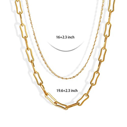 Elegance 11 designs Gold/Silver Stainless Steel Layered Set Necklace Square Linear Paperclip Figaro Chain Flat Chain Thick Short Metal Men's Women's Pop Necklace - color: Gold 2 Layers