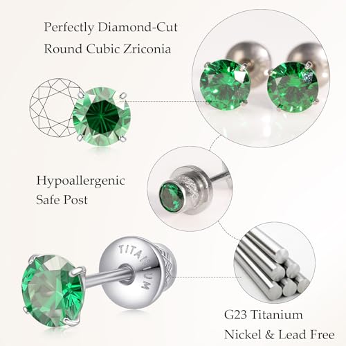 Limerencia Birthstone Screw Back Earrings G23 Implant Grade Titanium Stud Earrings Hypoallergenic Cubic Zirconia Posts Studs Jewelry Gifts for Girls Sensitive Ears - color: May