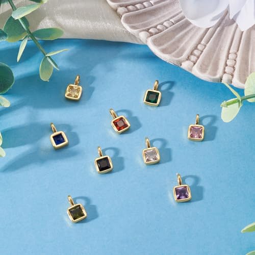 Beadthoven 9Pcs Gold Plated Cubic Zirconia Charms Square Crystal Rhinestone Charms Dangle Bead Long-Lasting Brass Birthstone Pendants for Jewelry Making Necklace Earrings Bracelet DIY Craft - color: Square Mix
