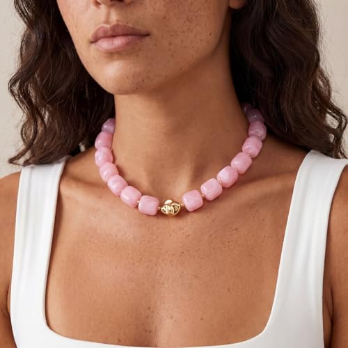 Beaded Necklaces for Women Boho Chunky Necklace Statement Big Resin Bead Choker Fashion Summer Beach Jewelry - color: Pink