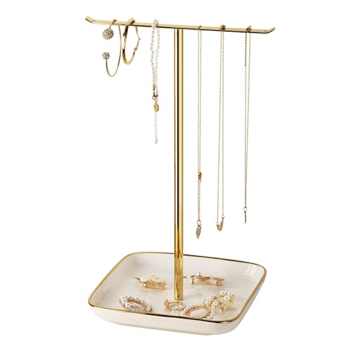 pickpiff Necklace Holder Stand with Ceramic Base: 12" Jewelry Tree Display Organizer for Necklaces, Bracelets, Rings, Earrings, Tall Gold Stand for Women, Aesthetic Room Décor, Gold and White - color: White, size: 6.7" base