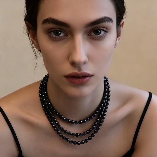 SukAmi 150cm Long Multi Strand Black Crystal Bead Necklace, 8mm Round Smooth Glossy Black Pearl Sweater Chain, Elegant Layered Endless Beaded Necklace Statement Fashion Jewelry for Women for Wedding Party Jewelry Gift