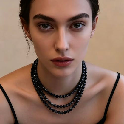 SukAmi 150cm Long Multi Strand Black Crystal Bead Necklace, 8mm Round Smooth Glossy Black Pearl Sweater Chain, Elegant Layered Endless Beaded Necklace Statement Fashion Jewelry for Women for Wedding Party Jewelry Gift