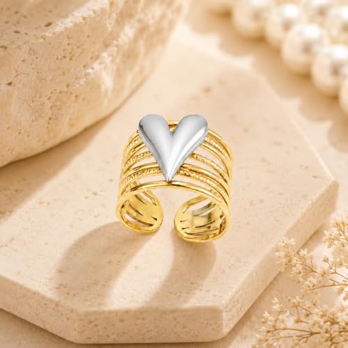 Two Tone Heart Open Ring 18K Gold Plated Stainless Steel Wide Band Adjustable Statement Ring for Women Fashion Jewelry