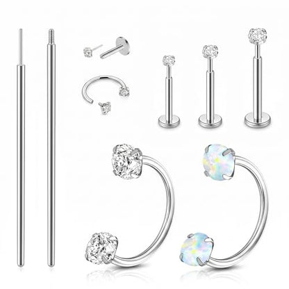 18G 316L Surgical Steel Horseshoe Nose Ring & Threadless Stud Set | Includes CZ and opal horseshoe rings, 3 threadless CZ studs and taper tools for nostril, septum, tragus and labret.