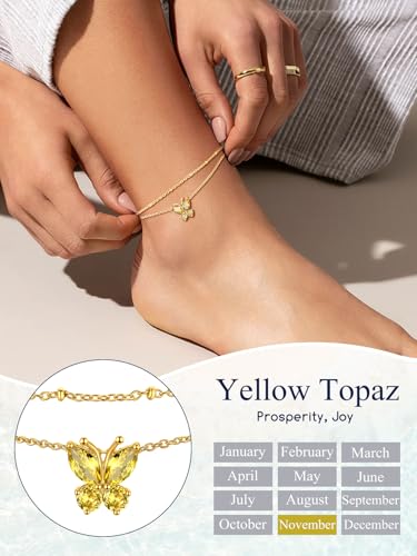 Suplight Gold Plated Butterfly Anklets for Women Waterproof, Layered Boho Ankle Bracelet with Birthstone, Stainless Steel Adjustable Non-Tarnish Heart Foot Jewelry Beach Vacation - color: 11. Butterfly-Nov. Yellow Topaz