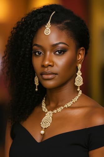 Touchstone Indian jewelry sets for women maang tikka wedding guest gold necklace bollywood jewellery set pageant elegant prom bride accessories western crystal chunky rhinestone necklaces - color: Pearl in gold plating pearl drop