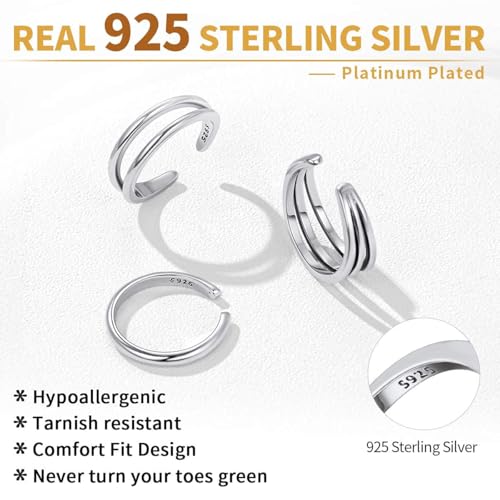 ChicSilver Toe Rings for Women 925 Sterling Silver Adjustable Toe Ring | 925 sterling silver, hypoallergenic for sensitive skin, adjustable open band, summer beach wear gift - color: L: Simple Rings Set (3PCS)