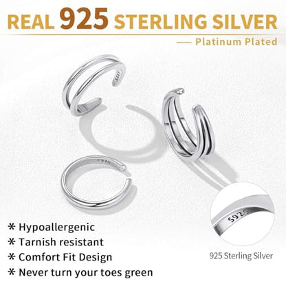 ChicSilver Toe Rings for Women 925 Sterling Silver Adjustable Toe Ring | 925 sterling silver, hypoallergenic for sensitive skin, adjustable open band, summer beach wear gift - color: L: Simple Rings Set (3PCS)