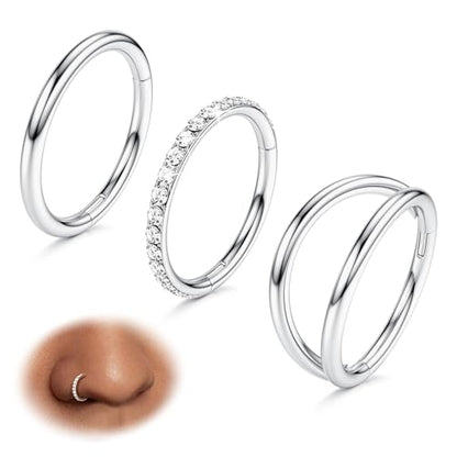BodyBonita 3pcs Nose Rings Hoops - Double Hoop Nose Ring 14/16/18/20G Hinged CZ Piercing Jewelry Septum Clicker Rings Cartilage Earring Helix Rook Tragus Daith 7mm/8mm/9mm/10mm - color: Silver, size: 16 gauge(1.2mm)-9mm