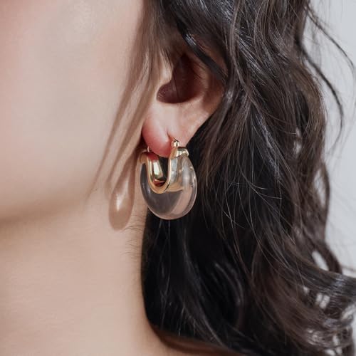 Chunky Gold Resin Hoop Earrings Leverback Statement Huggie Hoops Dangle Drop Dressy Earring Prom Festival Vacation Jewelry for Women - color: Clear, size: Drop