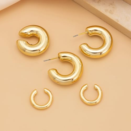 Chunky Gold Huggie Earrings Sets for Women Vinatge Non Piercing Ear Cuff Statement Earrings Personalized Large Clip On Hoop Earrings Fashion Jewelry - color: Gold