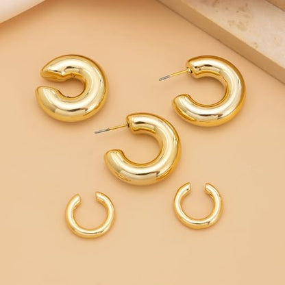 Chunky Gold Huggie Earrings Sets for Women Vinatge Non Piercing Ear Cuff Statement Earrings Personalized Large Clip On Hoop Earrings Fashion Jewelry - color: Gold