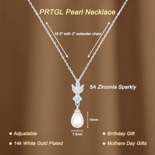 Pearl Necklaces for Women 14k Gold/White Gold Plated CZ Diamond | Dainty Cubic Zirconia Necklace, Bridal Bridesmaids Wedding Jewelry Gifts - color: Silver CZ Leaf Teardrop Pearl