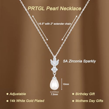 Pearl Necklaces for Women 14k Gold/White Gold Plated CZ Diamond | Dainty Cubic Zirconia Necklace, Bridal Bridesmaids Wedding Jewelry Gifts - color: Silver CZ Leaf Teardrop Pearl