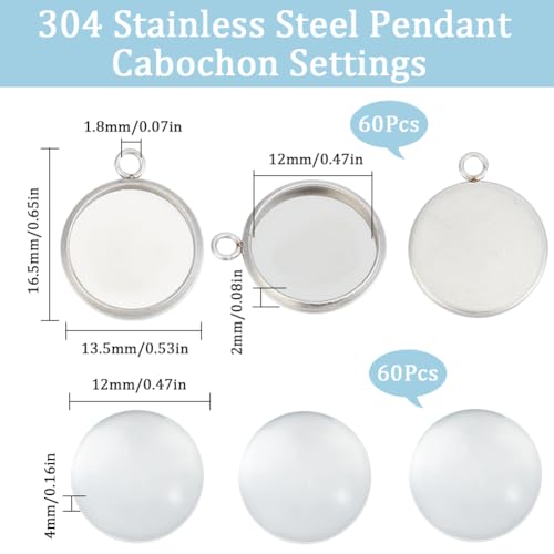 SUNNYCLUE 1 Box 120Pcs Bezel Tray Blanks Pendant Tray Kit Stainless Steel Pendant Bezels Round Clear Cabochon Domes Set for Jewelry Making Charms DIY Craft Photo Findings - color: Round Stainless Steel Cabochon Settings