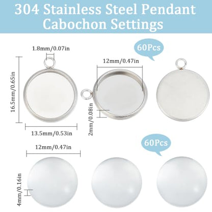 SUNNYCLUE 1 Box 120Pcs Bezel Tray Blanks Pendant Tray Kit Stainless Steel Pendant Bezels Round Clear Cabochon Domes Set for Jewelry Making Charms DIY Craft Photo Findings - color: Round Stainless Steel Cabochon Settings