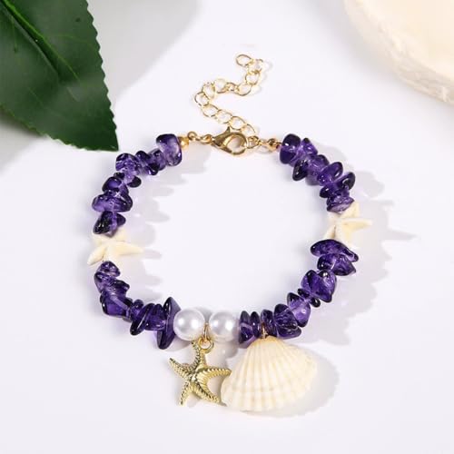 Shell Starfish Bracelet Seahorse Conch Starfish Sea Shell Pearls Charm Stone Bracelet Statement Bohemian Sea Themed Beach Jewelry for Women - color: Purple B