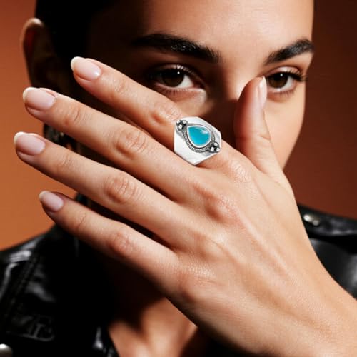 Natural Waterdrop Stone Wide Band Ring,Sterling Silver Genuine Teardrop Crystal Quartz Gemstone Statement Wide Chunky Full Finger Band Ring for Women - color: A02_Aquamarine
