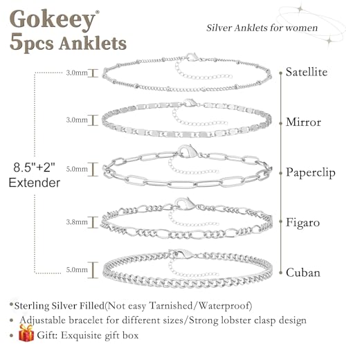 Gokeey Ankle Bracelets for Women Waterproof, 14k Gold Plated Jewelry Set Layered Cuban Figaro Link Chain Anklets Set Gold Anklets Summer Boho Beach Jewelry Gift Adjustable Size - color: Silver