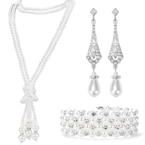 1920s Pearl Jewelry Set - Long Pearl Necklace, Earring Set, Multilayer Bracelet - Flapper Accessories for Women - color: Delicate
