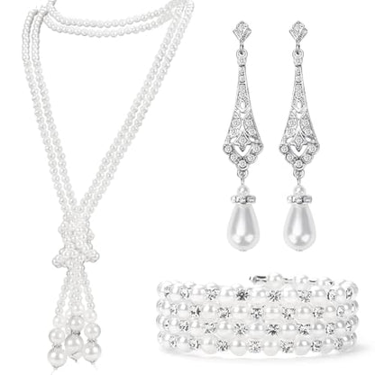 1920s Pearl Jewelry Set - Long Pearl Necklace, Earring Set, Multilayer Bracelet - Flapper Accessories for Women - color: Delicate