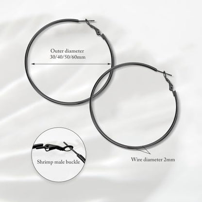 4 Pairs Silver Gold Hoop Earrings for Women | 14K Gold Plated Hoop Earrings Set Hypoallergenic Earring Lightweight Dangle Earrings Set - color: 4 Pairs Black-30/40/50/60mm