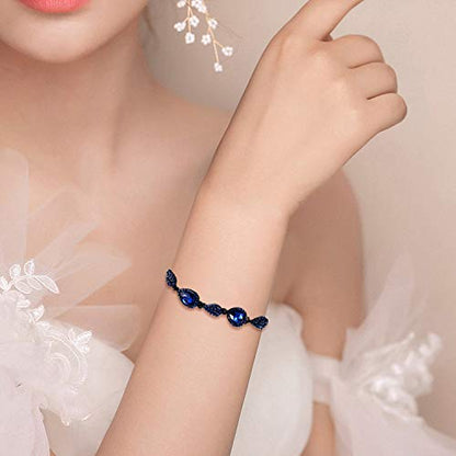 EleQueen Women's Wedding Bridal Jewelry Sets for Brides Bridesmaids, Cubic Zirconia Teardrop Necklace Tennis Bracelet Dangle Earrings Jewellery Set - color: 12-Sapphire Color Black-Tone