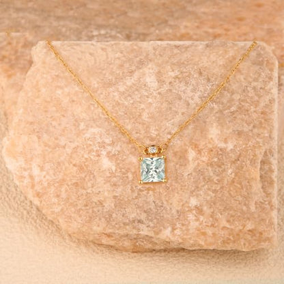 18K Gold-Plated Non Tarnish Birthstone Necklace for Women, 5A Princess Cut Cubic Zirconia Pendant, Birthday Anniversary Valentine's Gift, 18-20 Inches - color: 3-Mar-Light Sea Blue