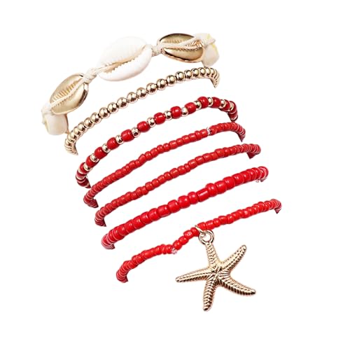 Bohemian Stackable Shell Beaded Ankle Bracelets for Women Colorful Boho Multi-Layer Seashell Gold Starfish Adjustable Handmade Braid Bracelet Summer Beach Holiday Accessories Gifts - color: Red